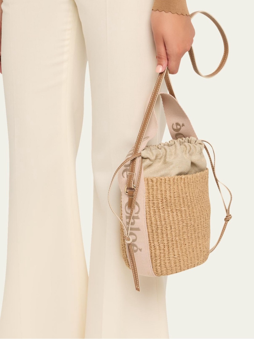 Chloé Small Woody Woven Bucket Bag with Logo Strap